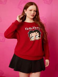 Betty Boop x SHEIN 大码复古性感街头服饰 Y2K 秋季红色经典卡通人物图案宽松圆领运动衫