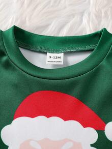 SHEIN 女婴圣诞休闲可爱卡通印花长袖套头卫衣和运动裤套装 - 綠色 - 查看 6
