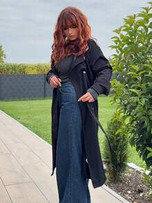 Jeta Ari 女士时尚休闲双排扣系带风衣 - 黑色 - 查看 5