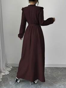 Selianne Đầm Maxi Dài Tay Đơn Giản, Cúc Áo Viền Xếp Ly Phía Trước, Màu Trơn Cho Nữ, Trang Phục Nữ - Màu Đỏ Sâu - Xem 2