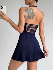 Dewbera 女士纯色休闲健身吊带连衣裙 - 藏蓝色 - 查看 4