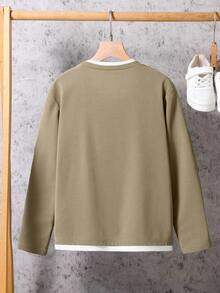 1pc Boys' Casual Pullover Round Neck Long Sleeve T-Shirt, Contrast Color Collar & Hem Design, Discreet Branding, Comfortable Fabric, Suitable For Summer & Autumn - Apricot - View 2