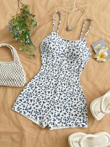 Soleia New Adjustable Strap Ditsy Floral Romper, Suitable For Party, Date, Valentine's Day, Easter, Carnival, Afternoon Tea, Beach, Cruise, City Vacation, Bohemian, Boho, Romantic Floral, Vacation, Floral Beach, Beach Outfit For Women Summer - Multicolor - View 3