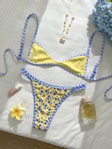 Swim Mod Spring/Summer New European And American Sweet Floral Contrast Plaid Reversible Two Pieces Swimsuit Set With Drawstring, Cheeky High-Cut Thong Bottoms, Yellow Ditsy Floral Contrast Trim Padded Push-Up Sexy Bikini Swimwear For Beach, Pool, Birthday Party Gingham Bikini Flower Bikini Bikini Set Summer Summer Matching Set Flower Bathing Suit Vacation Bikini Tanning Bikini Floral Bikini Yellow Bikini Pattern Bikini