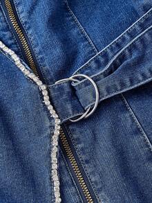 SHEIN Clasi Fashionable Casual Elegant Diamond Strap V-Neck Denim Jumpsuit With Wide Leg - Medium Wash - View 2