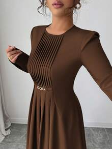 Elenzga Đầm dài tay xếp ly eo thanh lịch cho nữ - màu nâu - Xem 7