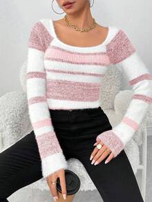 EMERY ROSE Women's Elegant Contrast Color Round Neck Fitted Long Sleeve Sweater, Autumn/Winter - Multicolor - View 6