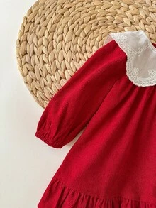 新生女宝宝可爱优雅红色彼得潘领长袖连衣裙