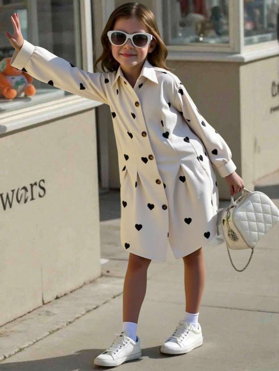 SHEIN Young Girl' Casual Heart Pattern Corduroy Shirt Dress, Autumn/Winter