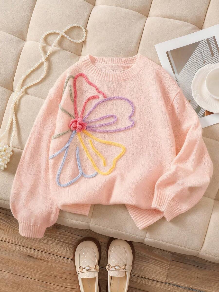 1 Áo len cho bé gái tuổi teen, Phong cách ngọt ngào và thời trang, Họa tiết thêu hoa 3D nhiều màu sắc, Dáng rộng, Cổ tròn, Tay dài, Mềm mại và thoải mái, Đa năng, Bền, Không mùi và Không chứa Formaldehyde, Thích hợp để mặc hàng ngày, Thiết yếu cho mùa xuân/thu - Hồng - Xem 1