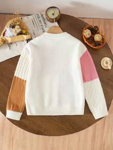 Young Girl Colorblock Cable Knit Sweater, Crew Neck Pullover, Casual Twist Rope Knitwear, Cute & Fashionable Children's Clothing, Suitable For Autumn/Winter, Outdoor & Indoor Wear Preppy Clothes For Kids - Multicolor - View 2