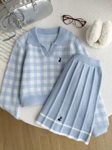 Sparklyn 2pcs/Set Girls Knitted Outfit, Pink Cute Embroidered Rabbit Plaid Sweater + Knitted Mini Skirt, Teenage Girls Long Sleeve V-Neck Pullover, Casual Elegant Style For Autumn/Winter