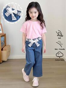 SHEIN Playful Pals Quần jeans ống rộng cho bé gái có thiết kế cạp ren, vải nhẹ và thoải mái, quần denim giản dị và đa năng cho bé gái - Rửa trung bình - Xem 6