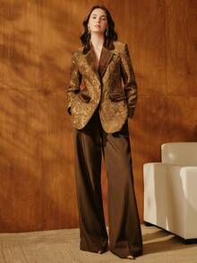 Anewsta Blazer élégant et chic pour femmes en jacquard, coupe slim et polyvalent. Convient pour les occasions formelles, les fêtes, le travail, la remise des diplômes, les mariages. Robe rouge. - Marron - Voir 4