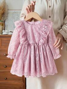 SHEIN Vintaside Kids Baby Girls' Sweet Mesh Long Sleeve Loose Dress, Suitable For Outings, Parties And Gatherings, Spring/Autumn - Pink - View 4