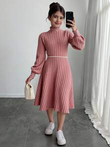 青少年女孩针织毛绒罗纹高领修身长袖收腰荷叶边下摆中长连衣裙，优雅串珠连衣裙，适合居家、外出、聚会、上学，粉色 - 粉色 - 查看 6