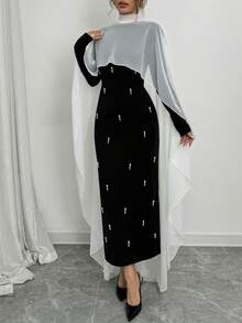 Rafferiza 1 chiếc váy dài Maxi đính hạt màu đen kiểu Poncho dành cho nữ - Đen và trắng - Xem 5