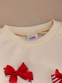 Baby Girls' Spring Autumn Outfit, Apricot Long Sleeve Printed Bow Sweatshirt Top, Striped Red Flare Pants Set, Cartoon Cute Children Casual Suit, Suitable For Holidays - Apricot - View 5