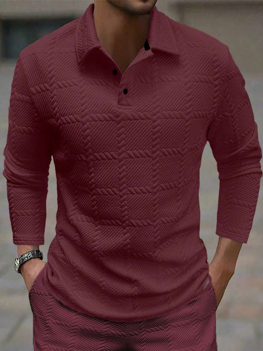 Manfinity Homme Men's Jacquard Fabric Button Placket Long Sleeve Polo Shirt, Spring And Autumn,White Button Up Men Polo Shirt Men Casual Long Sleeve Shirts Shirts For Men Red Men Fashion Shirt - Burgundy - View 1