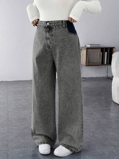 SHEIN 孕妇休闲宽松高腰阔腿牛仔裤