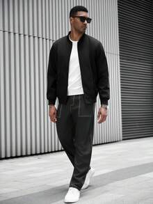 Manfinity Homme Men's Casual Popular New Jacket Outerwear, INS Combination Comfortable Ribbed Pocket Zipper Jacket Outerwear, Black Jacket Suitable For Hiking, Daily Matching, Gift For Boyfriend/Husband, Casual Wear, Y2K