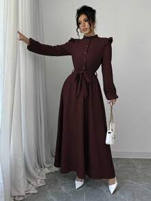 Selianne Đầm Maxi Dài Tay Đơn Giản, Cúc Áo Viền Xếp Ly Phía Trước, Màu Trơn Cho Nữ, Trang Phục Nữ - Màu Đỏ Sâu - Xem 5