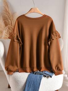CosyJoli Sweat-shirt décontracté à volants pour femmes grandes tailles, automne/hiver - Marron - Voir 2