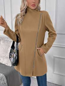 SHEIN LUNE Women's Casual Zip-Up Long Overcoat, Autumn - Apricot - View 4