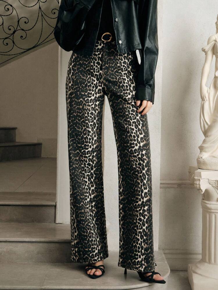 Women's High Waist Pockets Leopard Print Wide Leg Loose Fashion Jeans