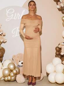 Loomaby Elegant Off-Shoulder Long Maternity Dress For Party, Beige Two Piece Sets,Pregnancy Photoshoot Dress,Babyshower,White,Autumn Maternity Dress - Apricot - View 4