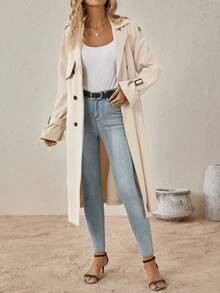 SHEIN Clasi Women's Solid Color Distressed Collar Long Sleeve Casual Long Windbreaker In Fall/Winter