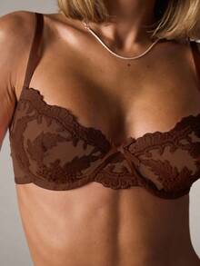 SHEIN BAE 5 件女士性感花卉刺绣网眼内衣套装，蕾丝文胸和内裤套装，外出 - 咖啡棕 - 查看 7