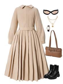 女童秋季长袖翻领腰部褶皱连衣裙 - 卡其色 - 查看 2