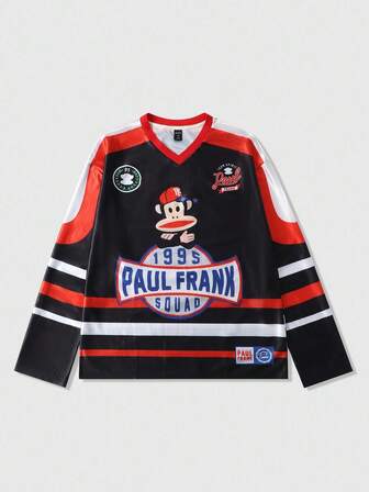 Paul Frank X ROMWE Camiseta deportiva de manga larga con cuello en V, bloques de color, rayas y estampado de dibujos animados para hombres