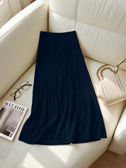 Franclia 新款褶裥拼接针织高腰显瘦A字中长半身裙，休闲女式毛衣裙