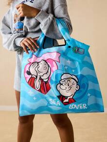 Popeye X SHEIN 1 Cute Cartoon Character Print Foldable Shopping Bag, Tote Bag, With Small Storage Bag With Bead Chain, Can Be Hung On The Bag, Spinach,Gift Ideas - 藍色 - 查看 4