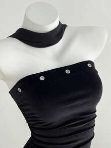 Elamini 女士时尚性感纯色抹胸迷你连衣裙 - 黑色 - 查看 4