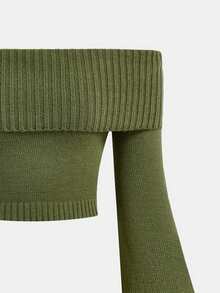 SHEIN Girlism Teen Girls' Green Off Shoulder Flare Sleeve Cropped Knit Sweater, Autumn/Winter - Green - View 5
