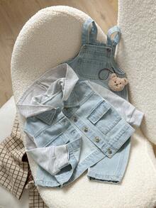 Playful Pals Baby Boys' Denim Jacket And Adjustable Strap Jeans Set, Casual Lightweight Washed Denim Outfit With Hoodie, Pockets, Button Decoration, Soft Cotton Fabric, Suitable For Everyday, Party, School, Autumn/Winter - Light Wash - View 5