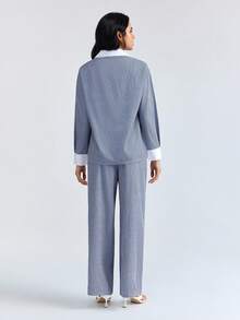 Loungeista 2pcs Women Striped Button-Front Long Sleeve Pajama Set + Drawstring Waist Pants, Cute Sleepwear Suit - Blue - View 2