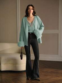 MOTF PREMIUM RHINESTONE DETAIL KNIT TOP & FURRY TRIM CARDIGAN - Mint Green - View 3