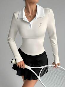 Dewbera Women's Contrast Collar Fitted Long Sleeve Sports Polo Shirt Women's Golf Top Blouse Gym Tennis For Women Golf Tennis - Apricot - View 1