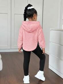 SHEIN Conjunto de sudadera con capucha y pantalones con patrón de letras lindas para niña, forrado térmico grueso, para otoño/invierno - Rosa Pálido - Ver 2