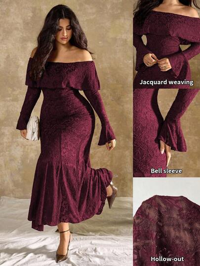 Roveilla Plus Size Women's French Style Casual Peony Floral Off Shoulder Fishtail Dress Plus Size Dresses Burgundy Maternity Two Piece Sets Long Sleeve Elegant Dress Plus Size Elegant Dress Sexy Maternity Dress
