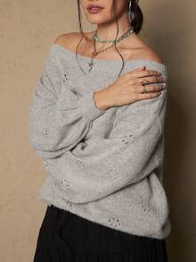 Freevana Plus Size Solid Color Off Shoulder Lantern Sleeve Sweater, Casual Autumn/Winter - Cream - View 2