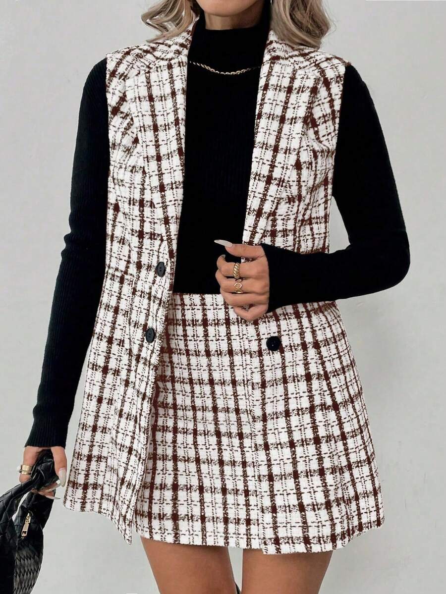 EMERY ROSE Conjunto de 2 piezas para mujer talla grande con chaleco de patrón a cuadros + falda línea A, elegante para el uso diario - Marrón - Ver 1