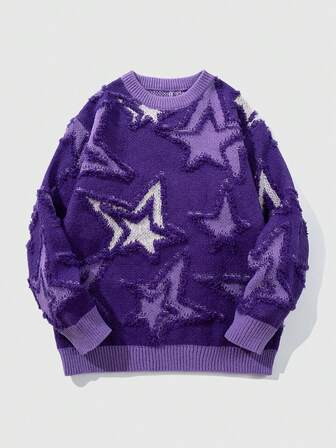 Street Life Herren Kontrast-Farbiges Fünf-Sterne-Muster Lässiger, vielseitiger Rundhals Langarm Pullover Sweatshirt