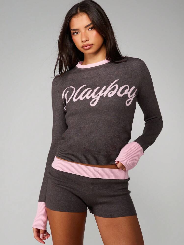 Missguided x Playboy Crew Neck Strickpullover mit kontrastierendem Saum und Schrift-Logo für Herbst und Winter