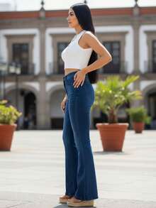Pantalones de mezclilla para mujer estilo urbano casual cintura alta corte acampanado tela elástica ajuste slim sin mangas cuello redondo verano uso diario - Azul - Ver 2
