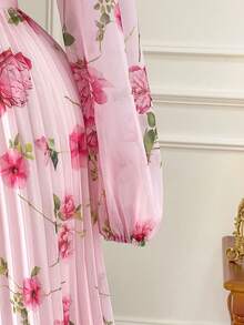 Rometta Váy maxi dài tay xếp ly họa tiết hoa lãng mạn cỡ lớn cho nữ có nơ thắt eo - Hồng - Xem 7